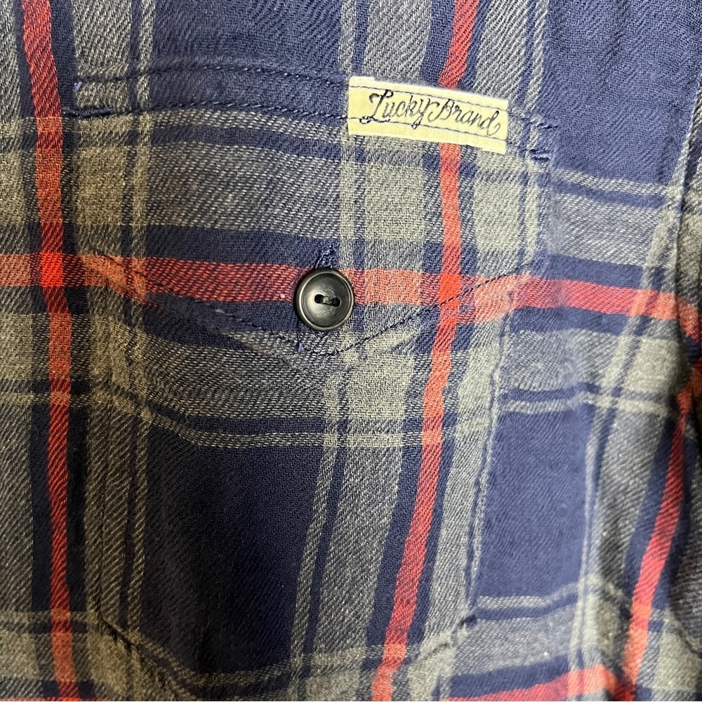Lucky Brand Flannel Button Up Plaid Shirt Mens M Navy Red Cotton - Picture 5 of 16
